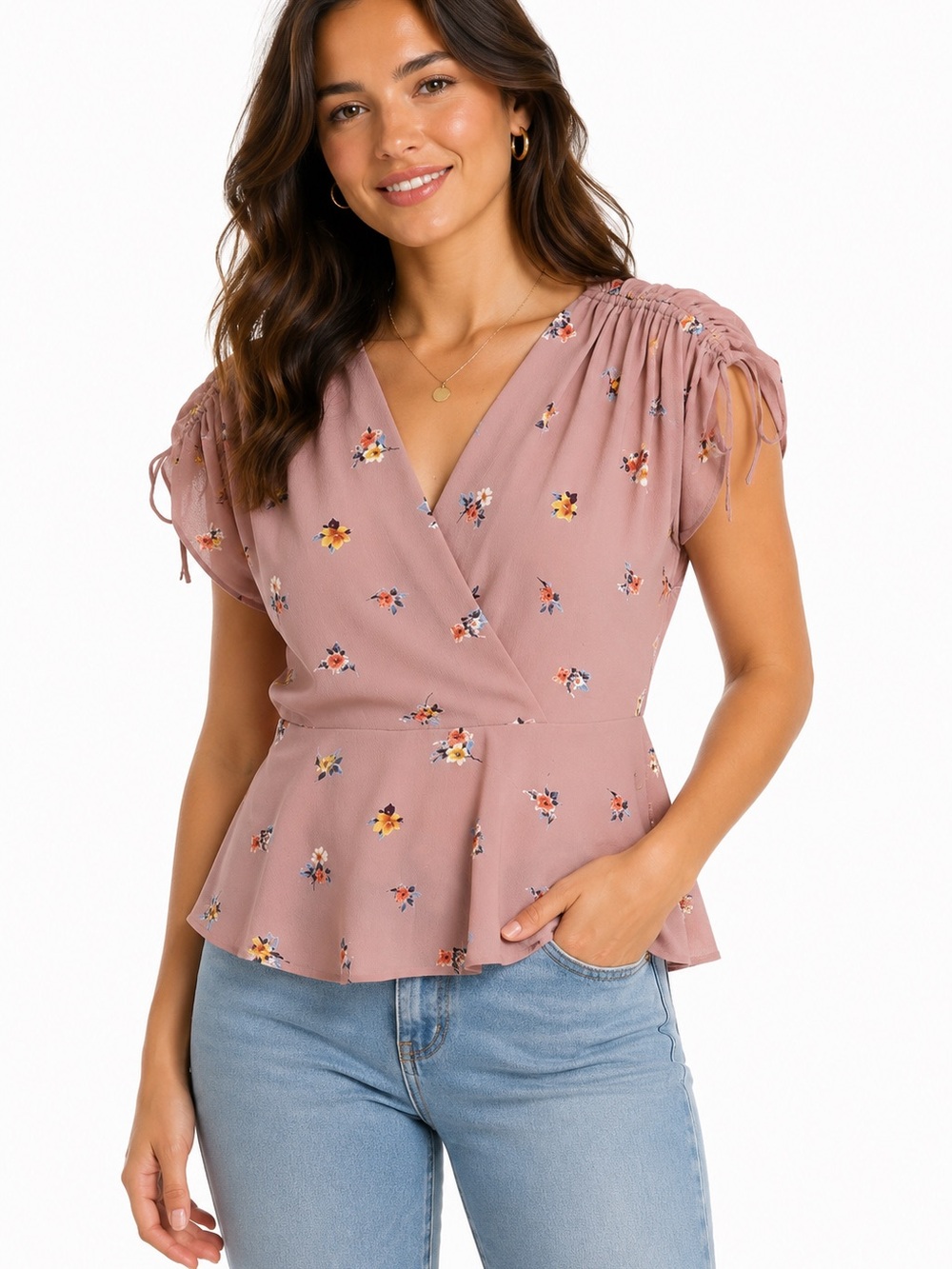 (A53) NEW Monteau Floral Print Peplum Top, Size Medium, NWOT